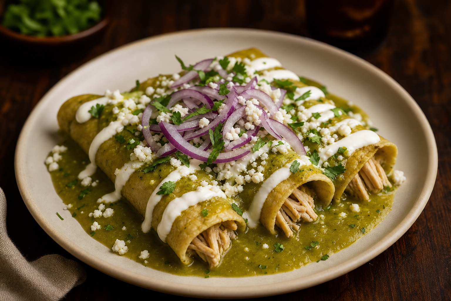 Enchiladas verdes with crema and queso fresco