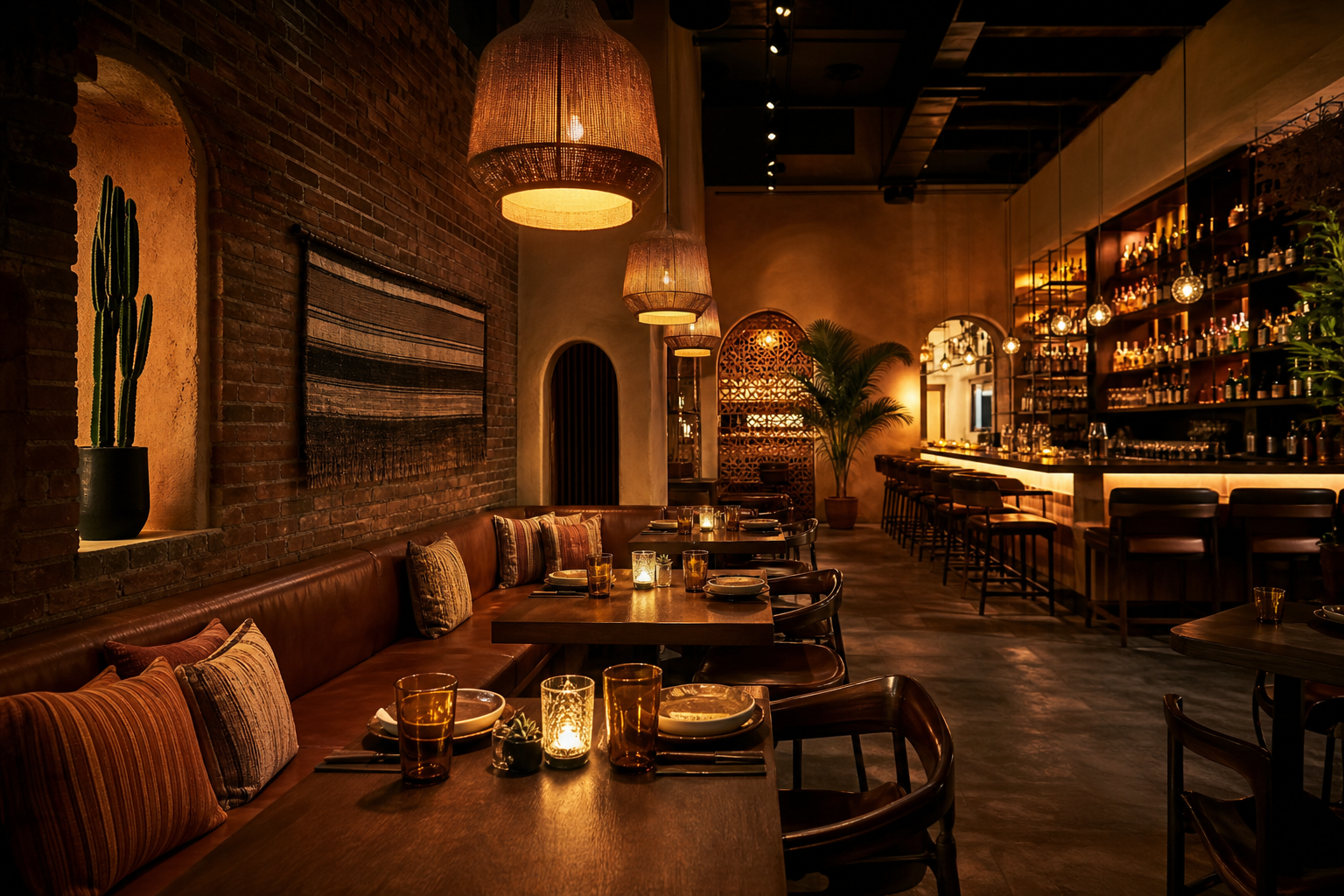 Warm restaurant dining room with wood tables and amber pendant lighting