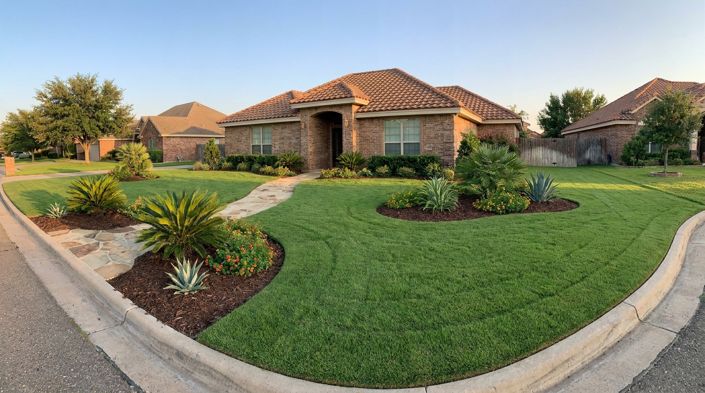 Demo after photo — freshly mowed and edged front yard in South Texas
