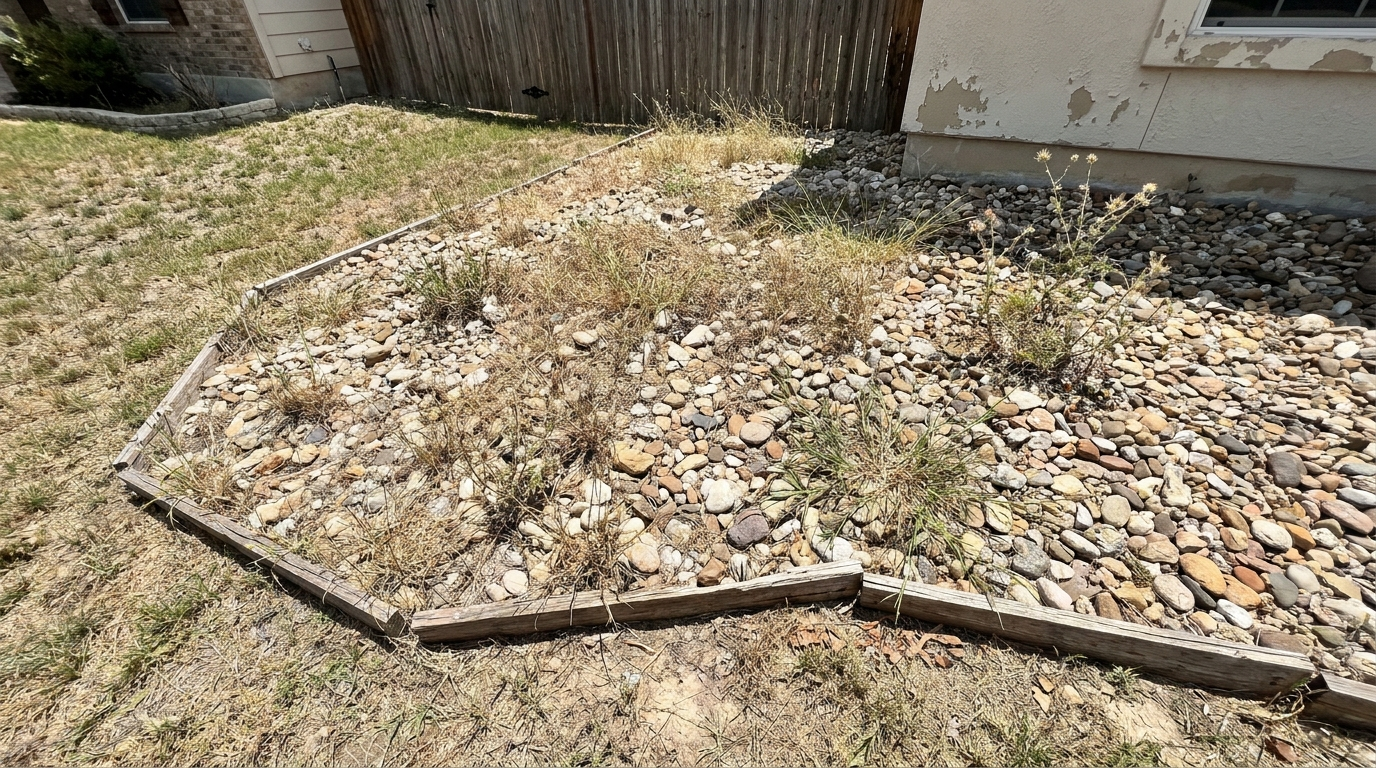 Demo yard photo — messy rock bed