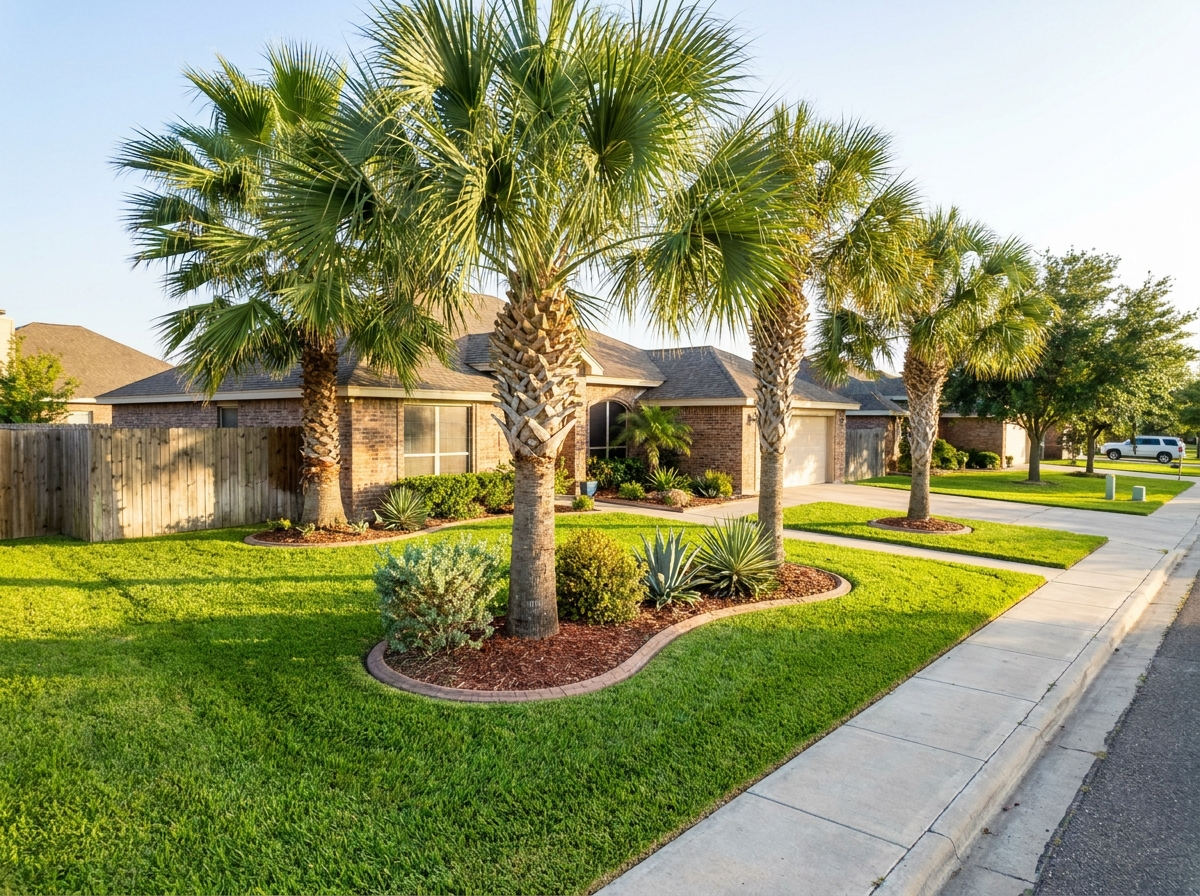 Demo concept photo — freshly trimmed palm trees in a Rio Grande Valley yard