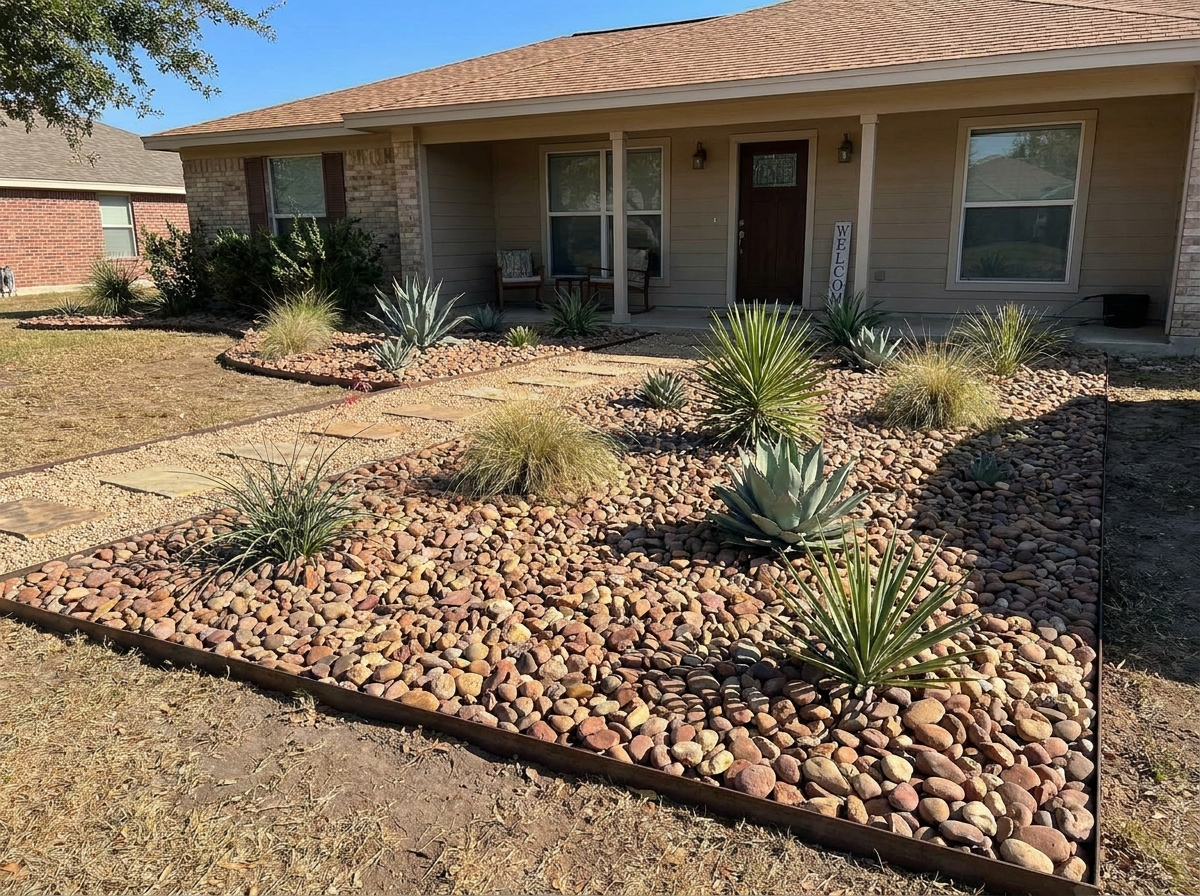 Demo concept photo — decorative rock bed with clean edging and drought-friendly plants