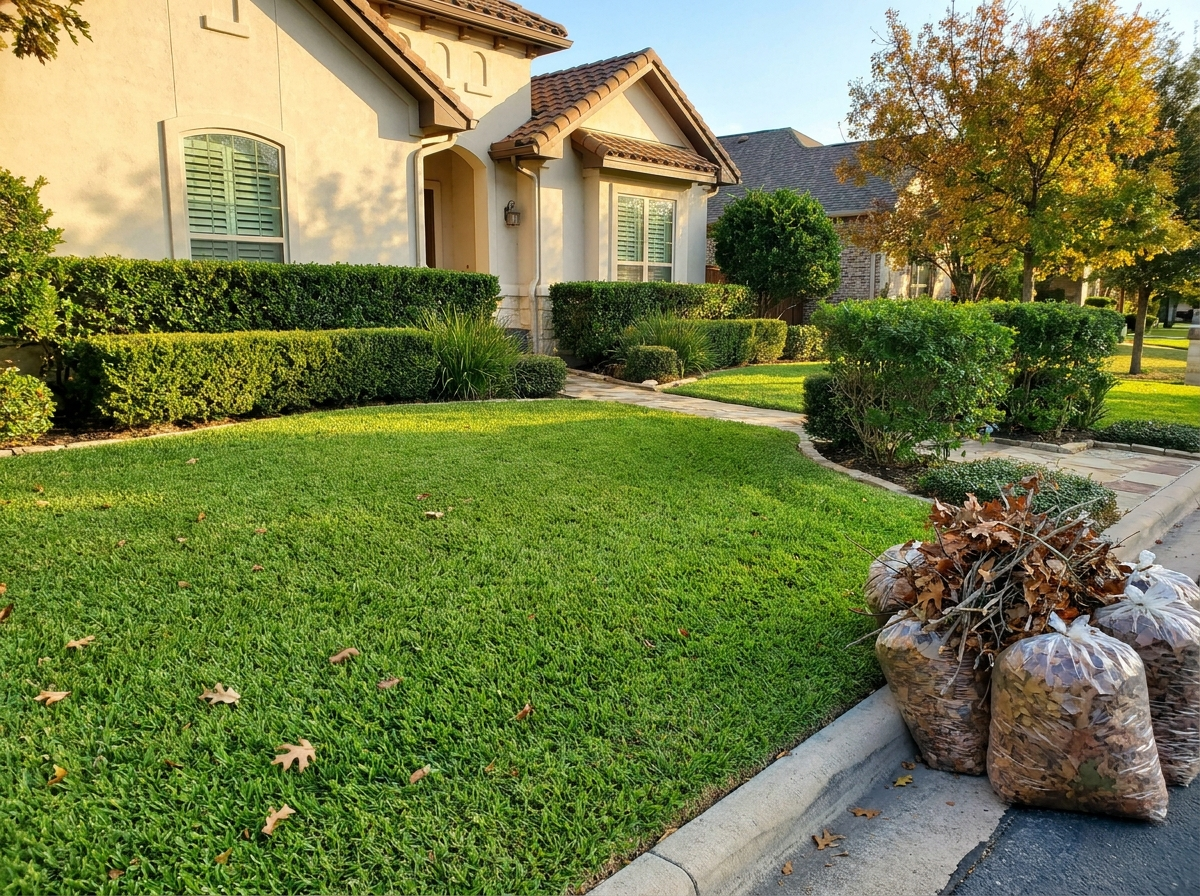 Demo concept photo — seasonal yard cleanup with fresh lawn and trimmed bushes