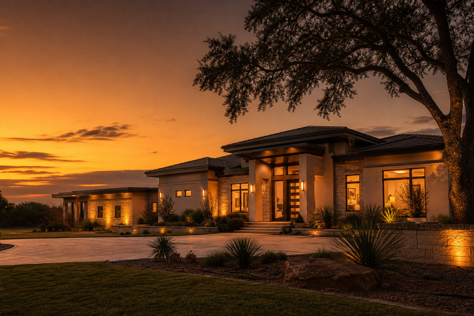 Representative modern home exterior at dusk